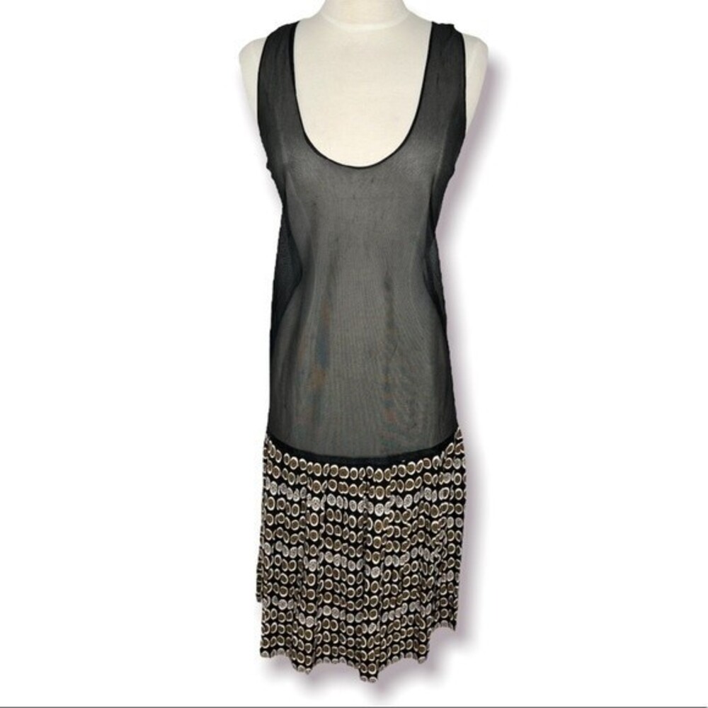 80s Vintage Liz Roberts Dress Black Sheer Under-Slip with Printed Pleated Skirt